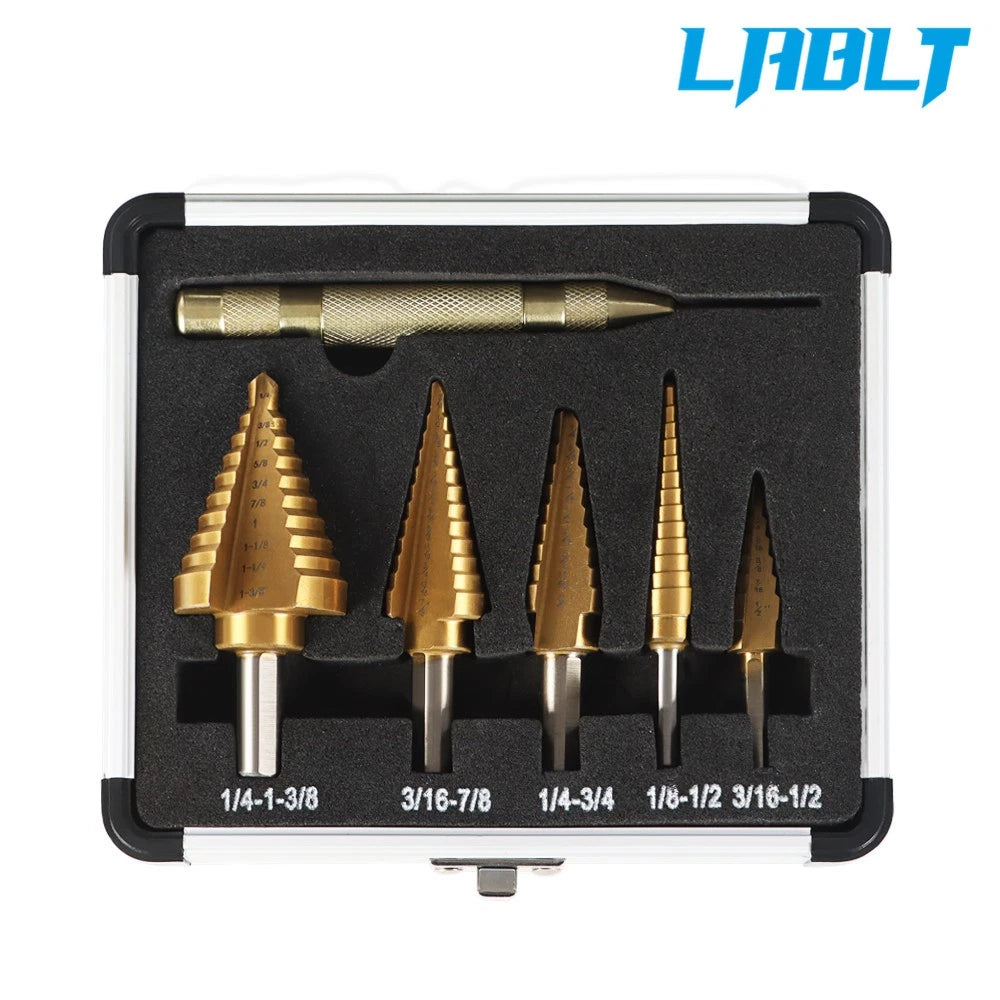 6X Speed Steel Titanium Step Drill Bit Set with Automatic Center Punch