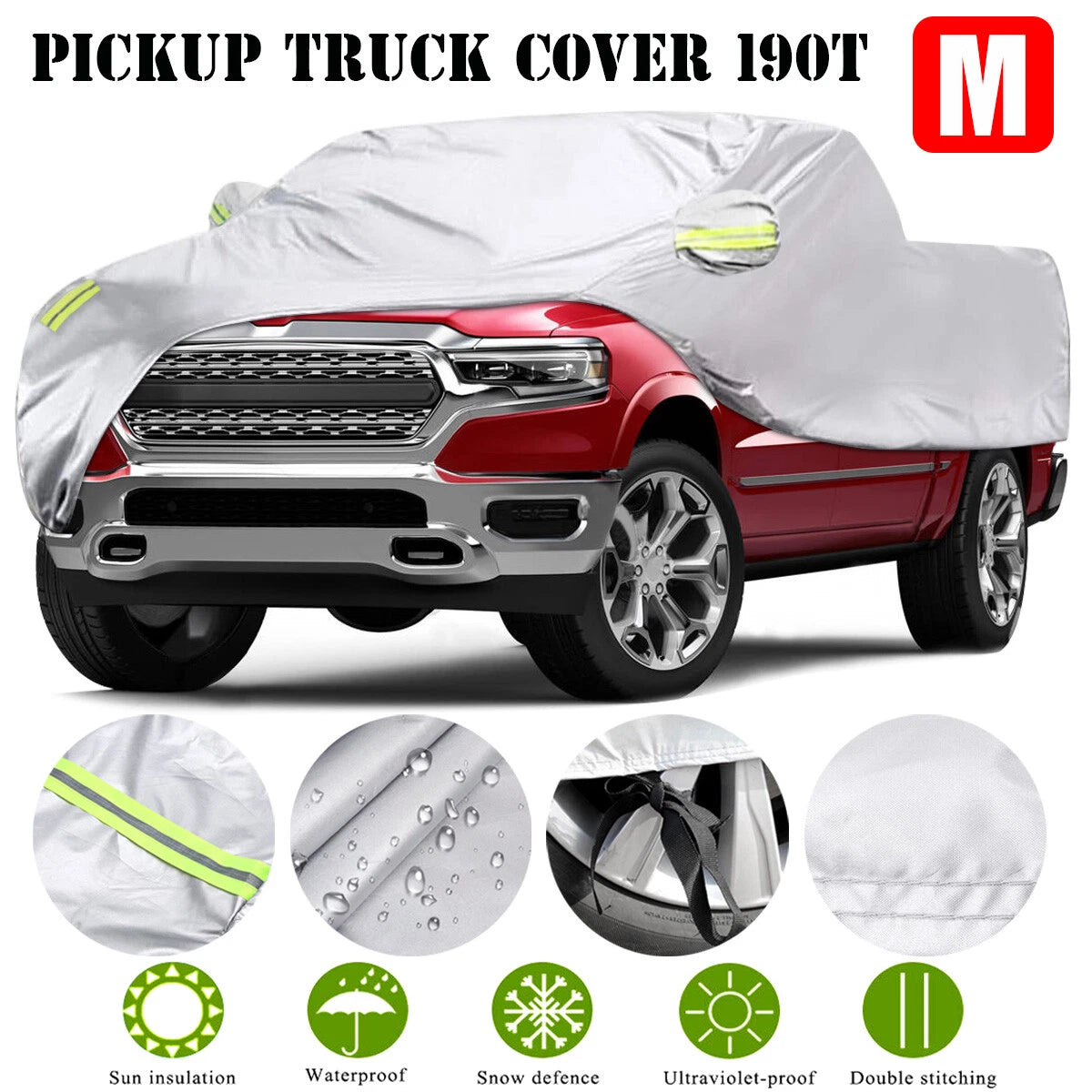 Pickup Truck Cover Waterproof Silver with Reflective Strip Universal