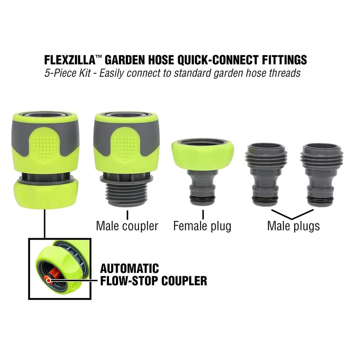 5 Piece Quick Connect Fittings Coupler Plug Kit for Flexzilla Garden Hose HFZGAK14