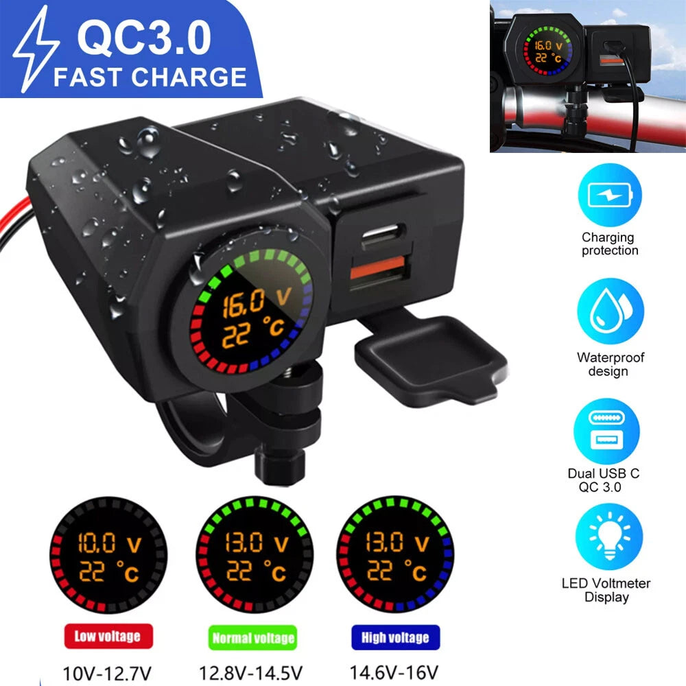 Motorcycle Dual USB Fast Charger Adapter QC 3.0 Type-C LED Voltmeter Waterproof
