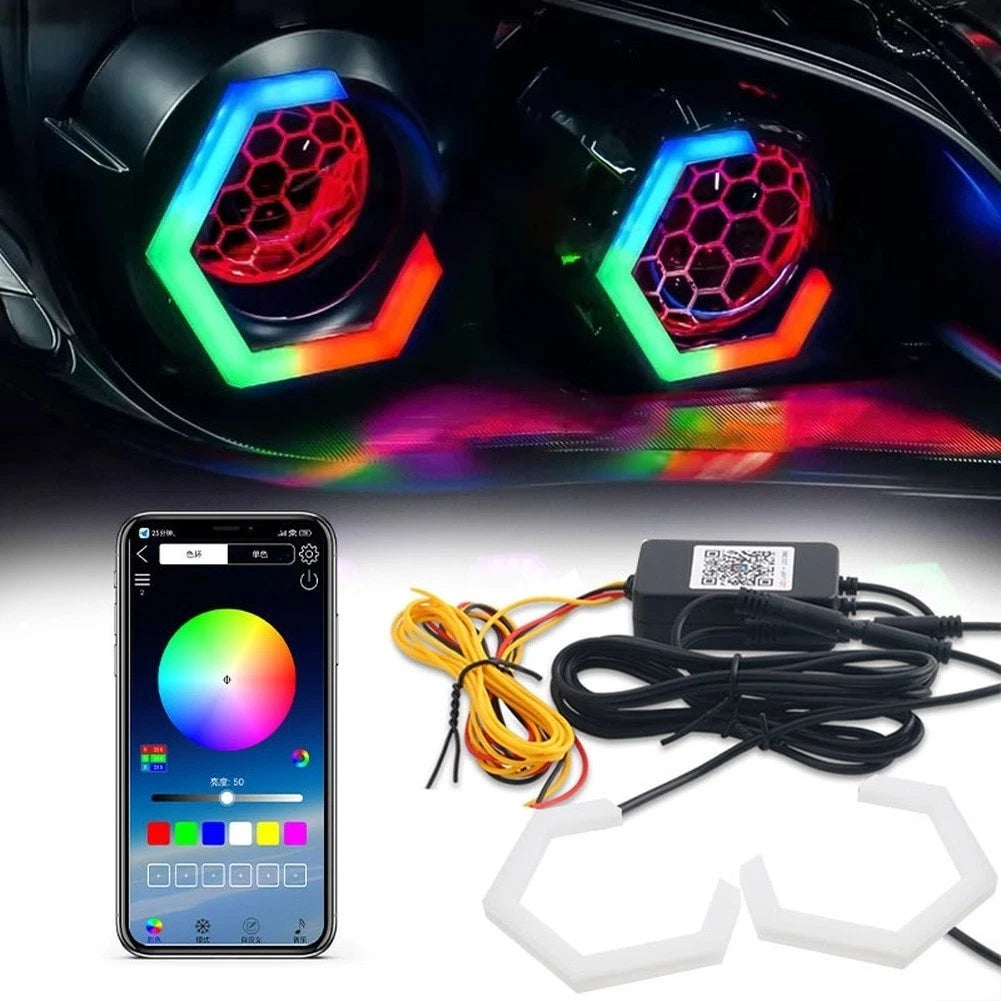 RGB Car LED Ring Headlight Hexagon with App Control for DRL 12V Power Supply