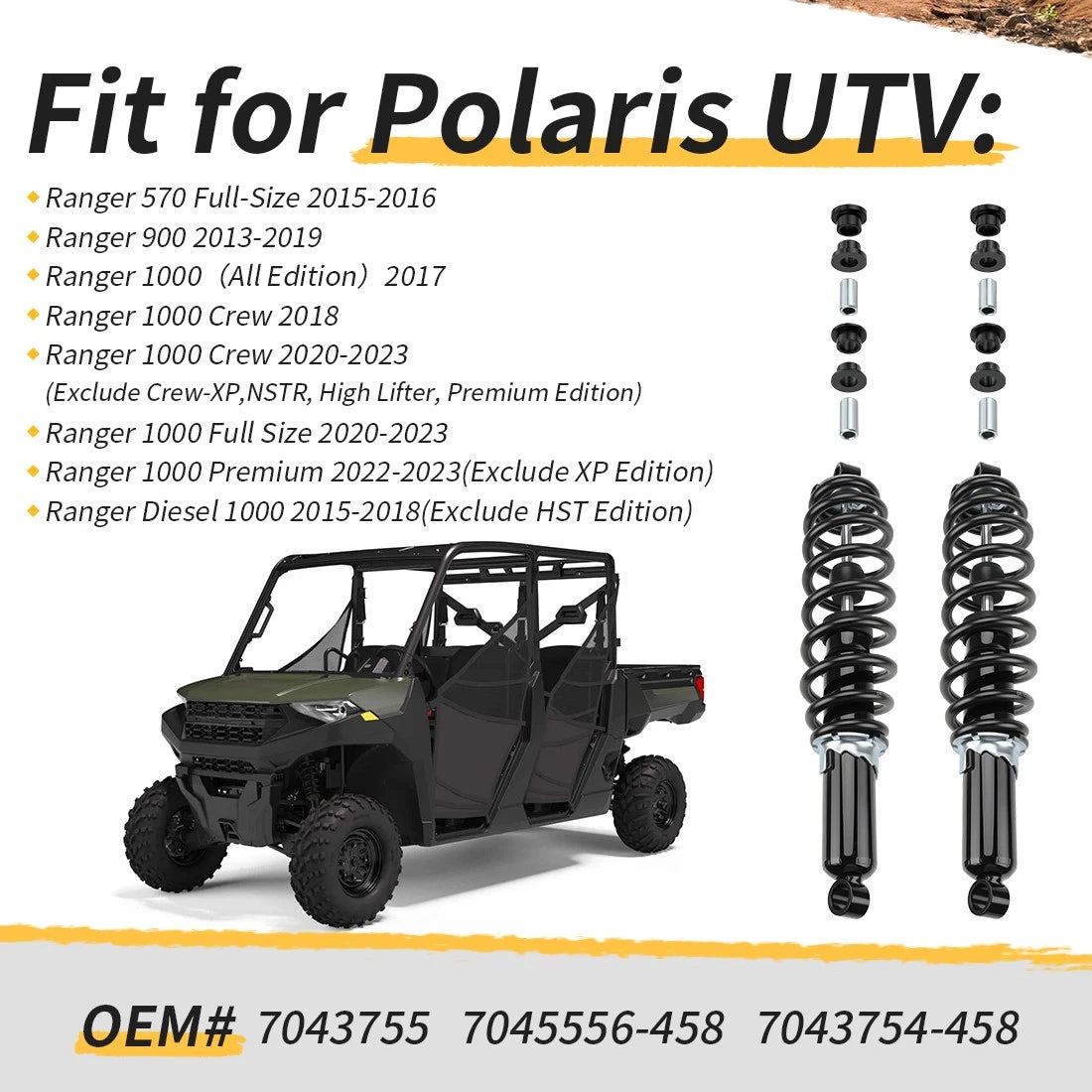 2X Front Shock Absorbers for Polaris Ranger 570 1000 Full-Size (2015–2023) 7043754-458