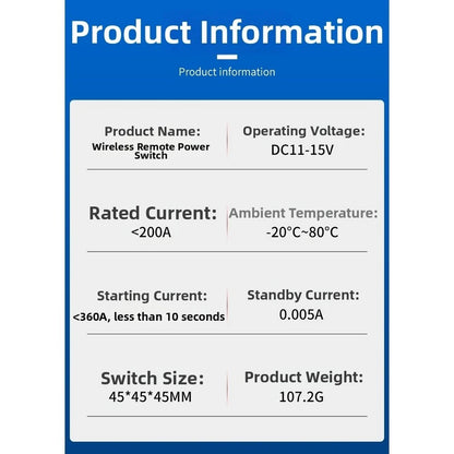 Wireless Remote Control Switch 200A 12VDC for Vehicle Power Relay