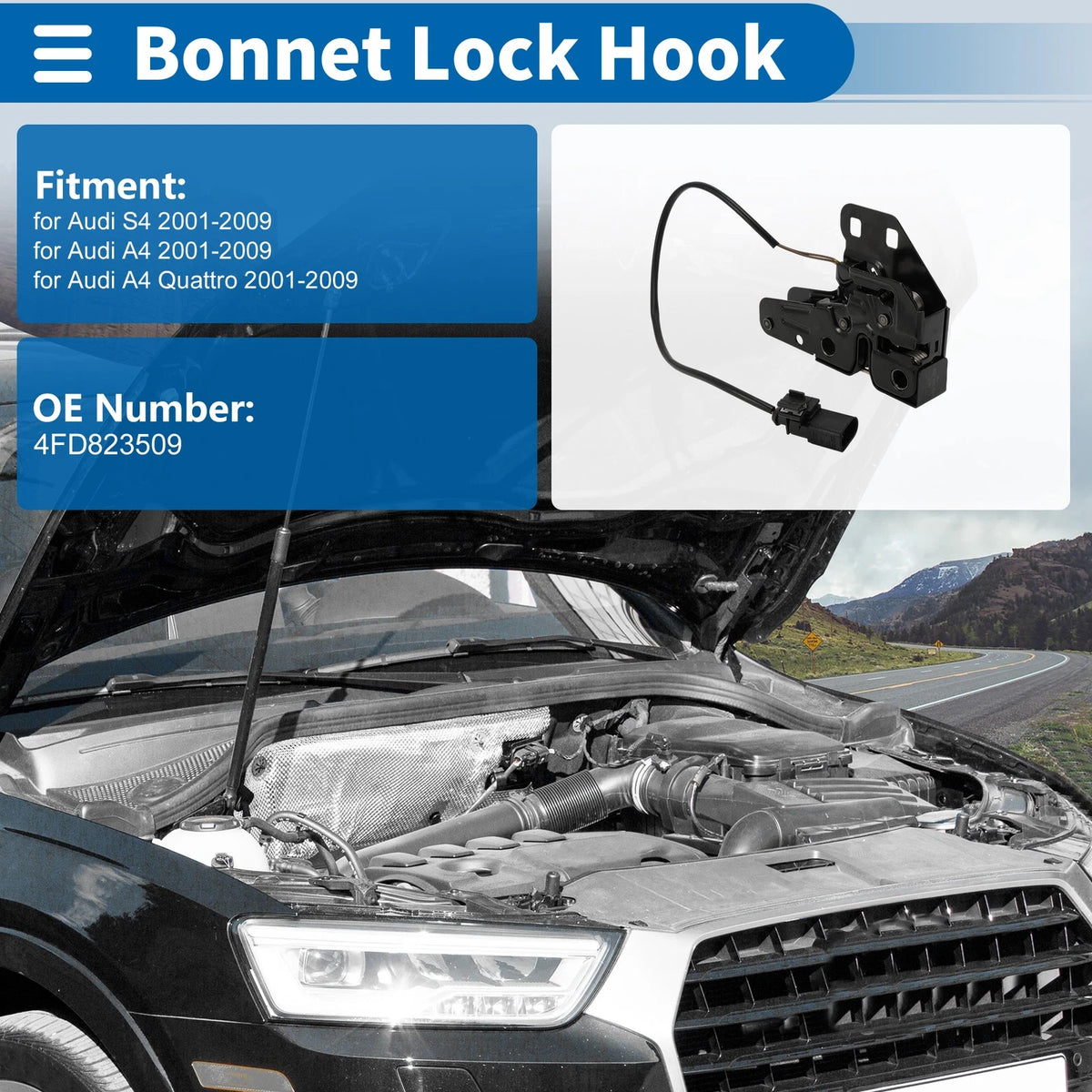 Hood Latch Assembly for Audi S4 (2001–2009) No. 4FD823509 1 Pcs