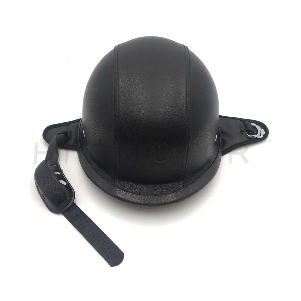 DOT German Black Leather Half Face Helmet for Motorcycle (M)