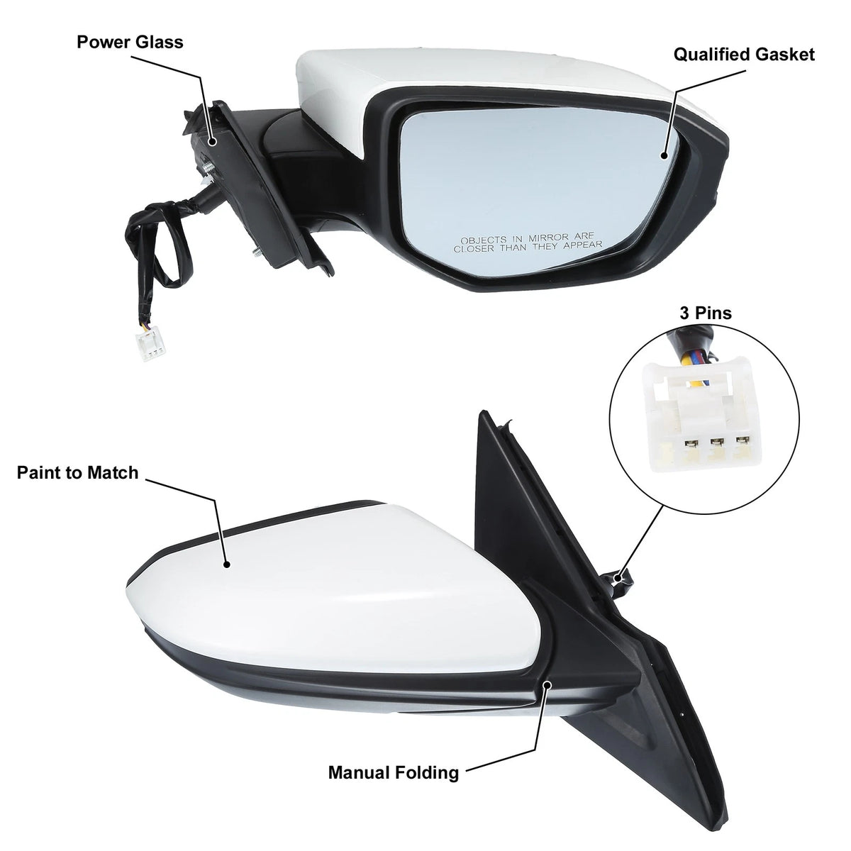 3 Pin Right Side Door Mirror Assembly Black for Honda Civic (2016–2021)