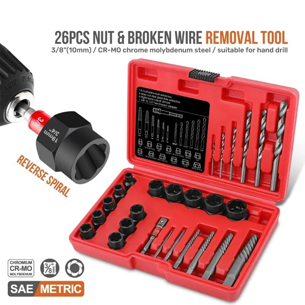 26PCS Bolt Extractor Set with Hex Adapter for Stripped Nuts and Screws