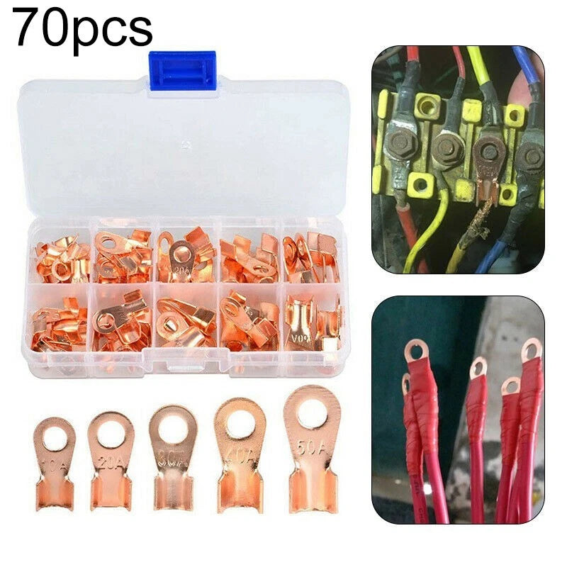 70pcs Set Copper Tube Terminals Ring Lug Crimp Battery Connectors