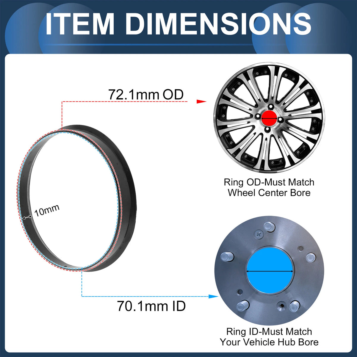 Set of 4 Wheel Hub Centric Rings 72.1mm to 70.1mm Black Polycarbonate