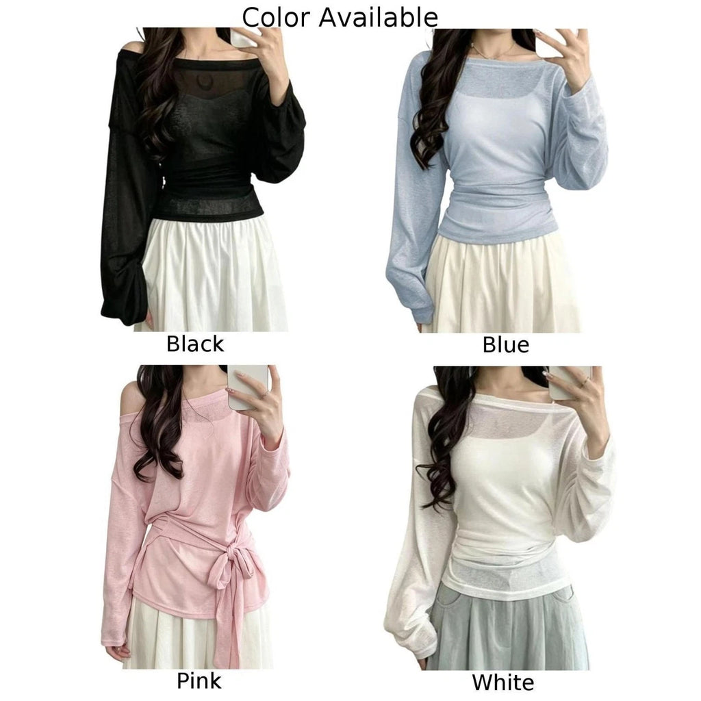 Women's Loose Long Sleeve Boat Neck Pullover Sun Protection Tee