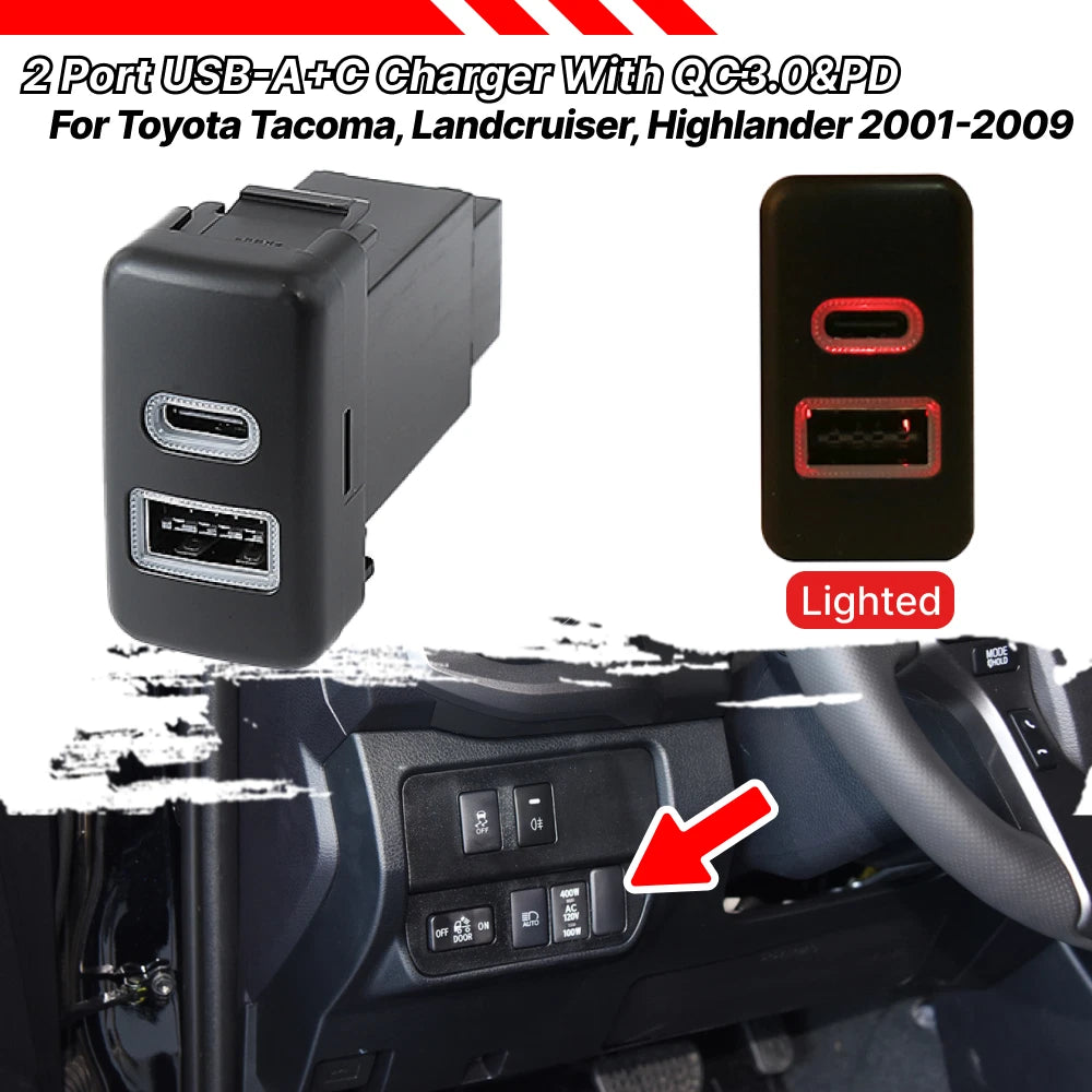 2 Port Dual USB-C PD USB-A QC3.0 Car Charger for Toyota FJ Cruiser Tacoma (2007–2021)
