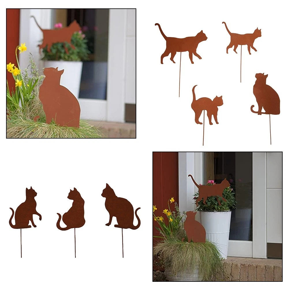 Set of 3 Rusty Cat Garden Stakes for Decoration