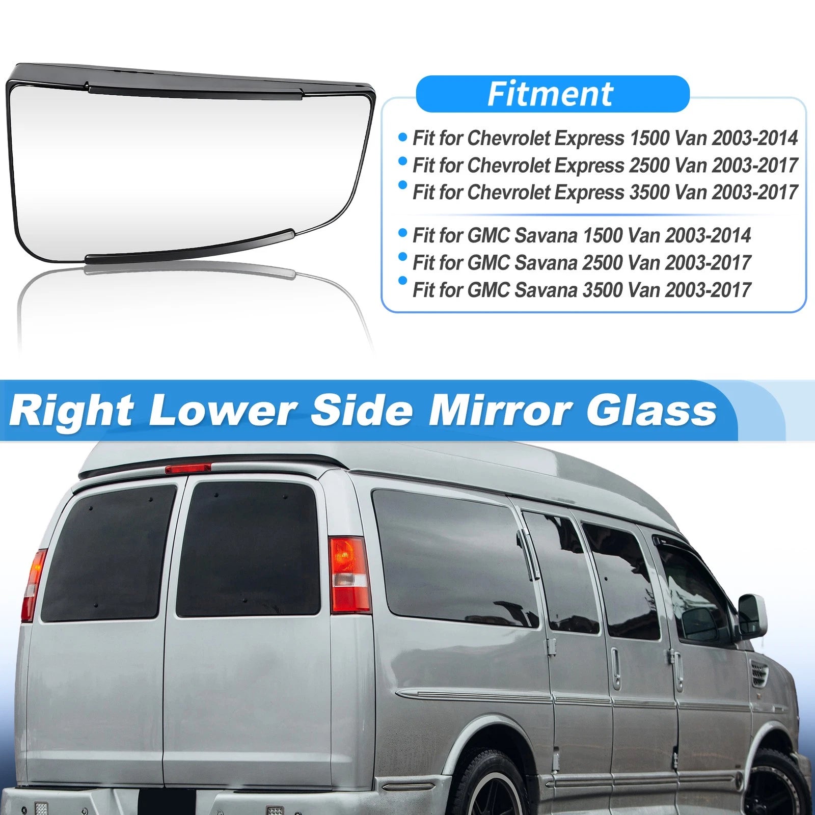 Right Lower Side View Mirror Glass Replacement for Chevrolet Express (2003–2014)
