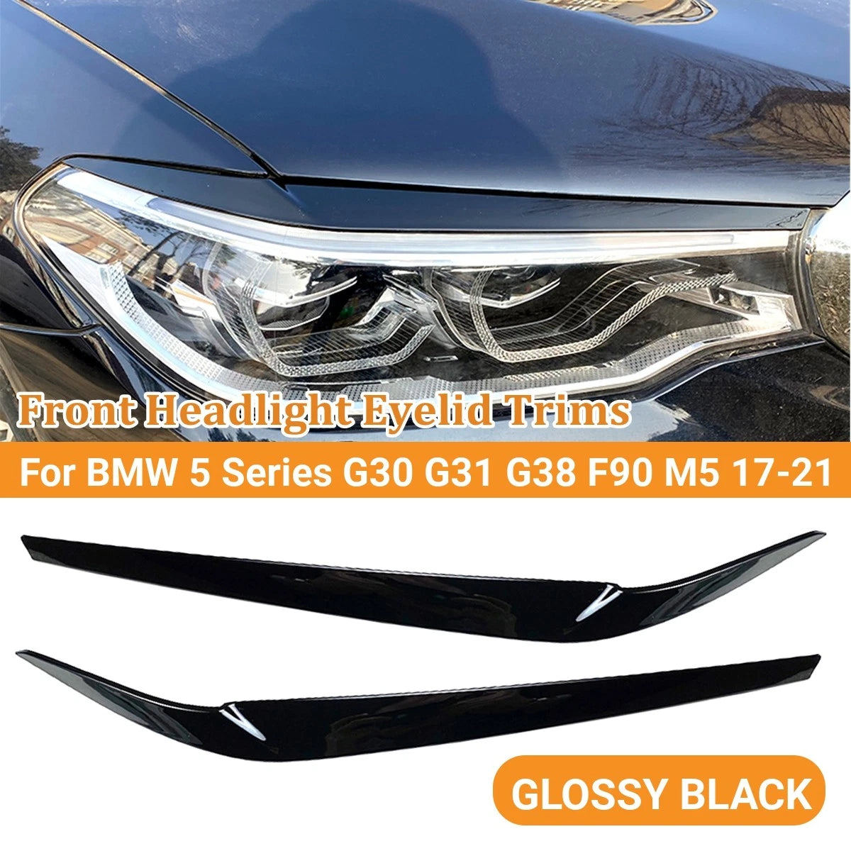 Pair Black Headlight Eyelid Eyebrow Trims for BMW 5 Series G30 G31 (2017–2021)
