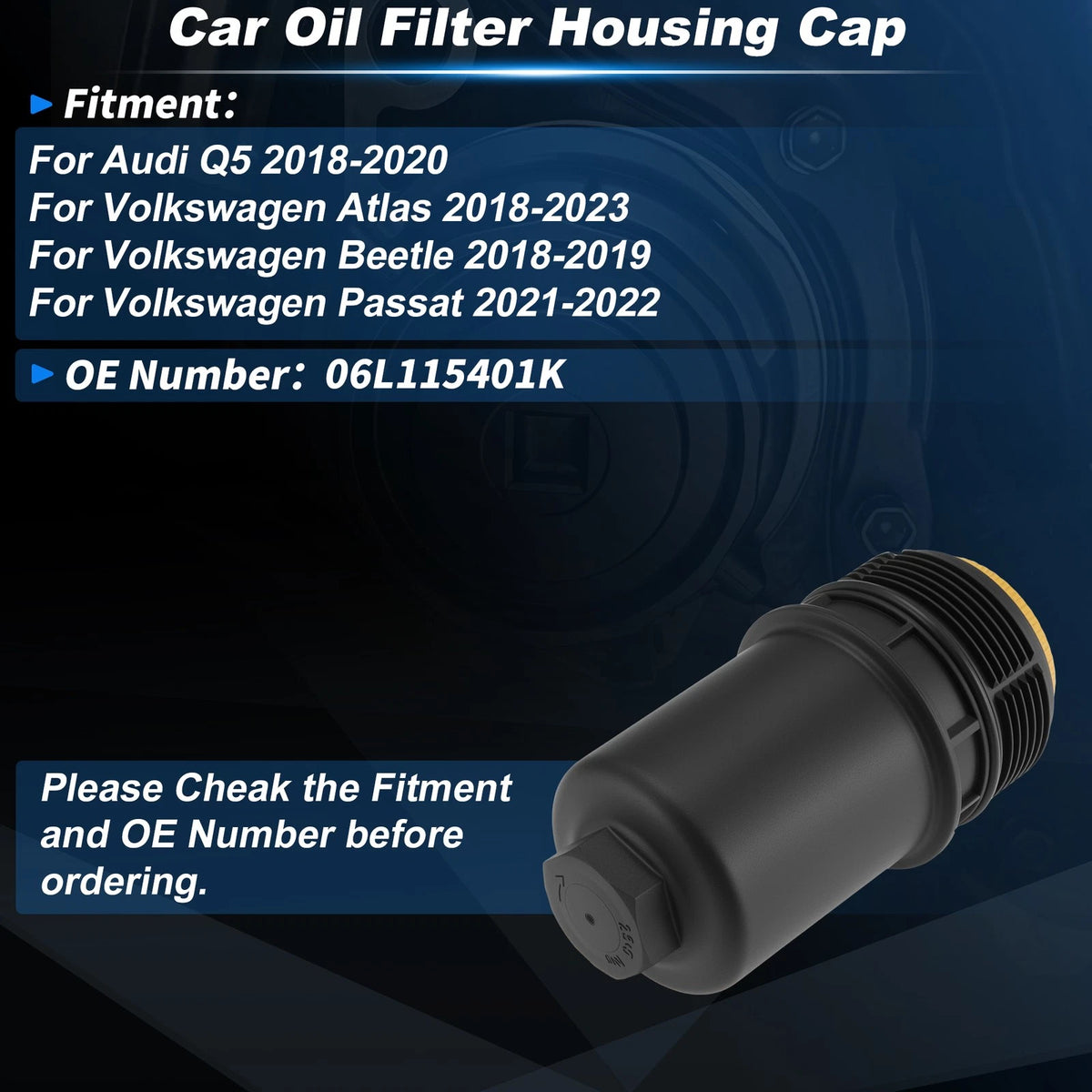 Oil Filter Housing Cap for Audi Q5 (2018–2020) 06L115401K Plastic Black