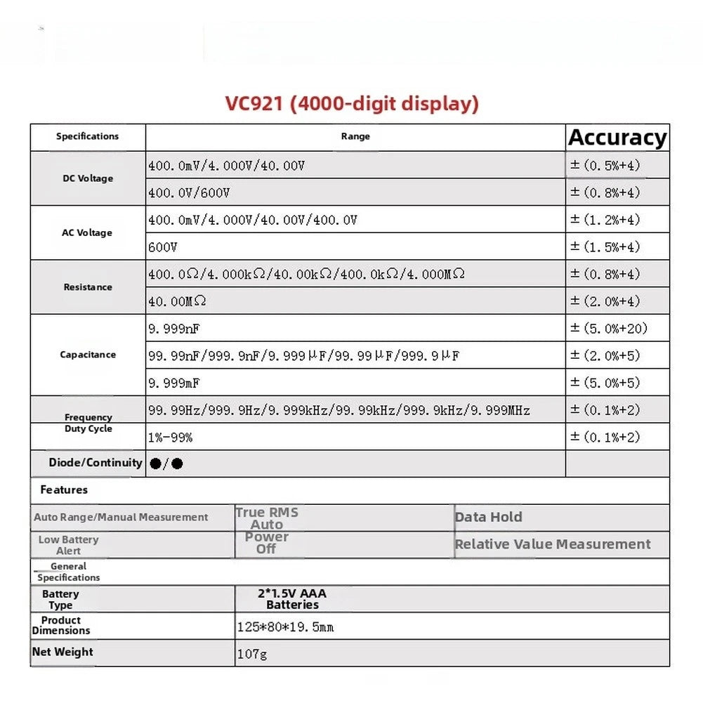 VC921 Auto Ranging Multimeter True RMS 4000 Counts Portable Measurement