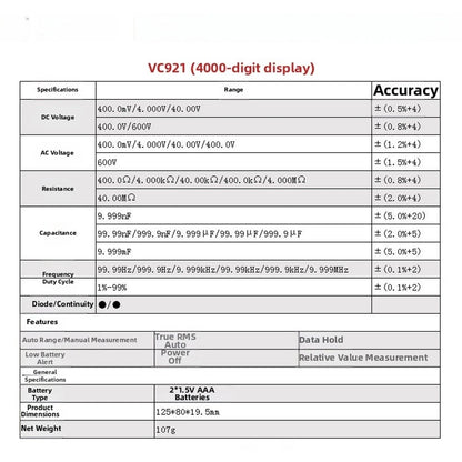 VC921 Auto Ranging Multimeter True RMS 4000 Counts Portable Measurement