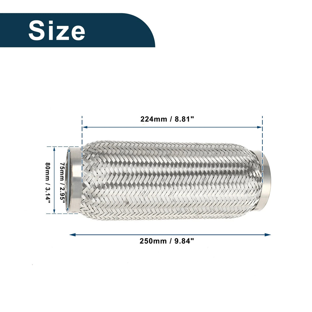 Exhaust Flex Pipe for 3.14 Inch OD Braided Silver Tone