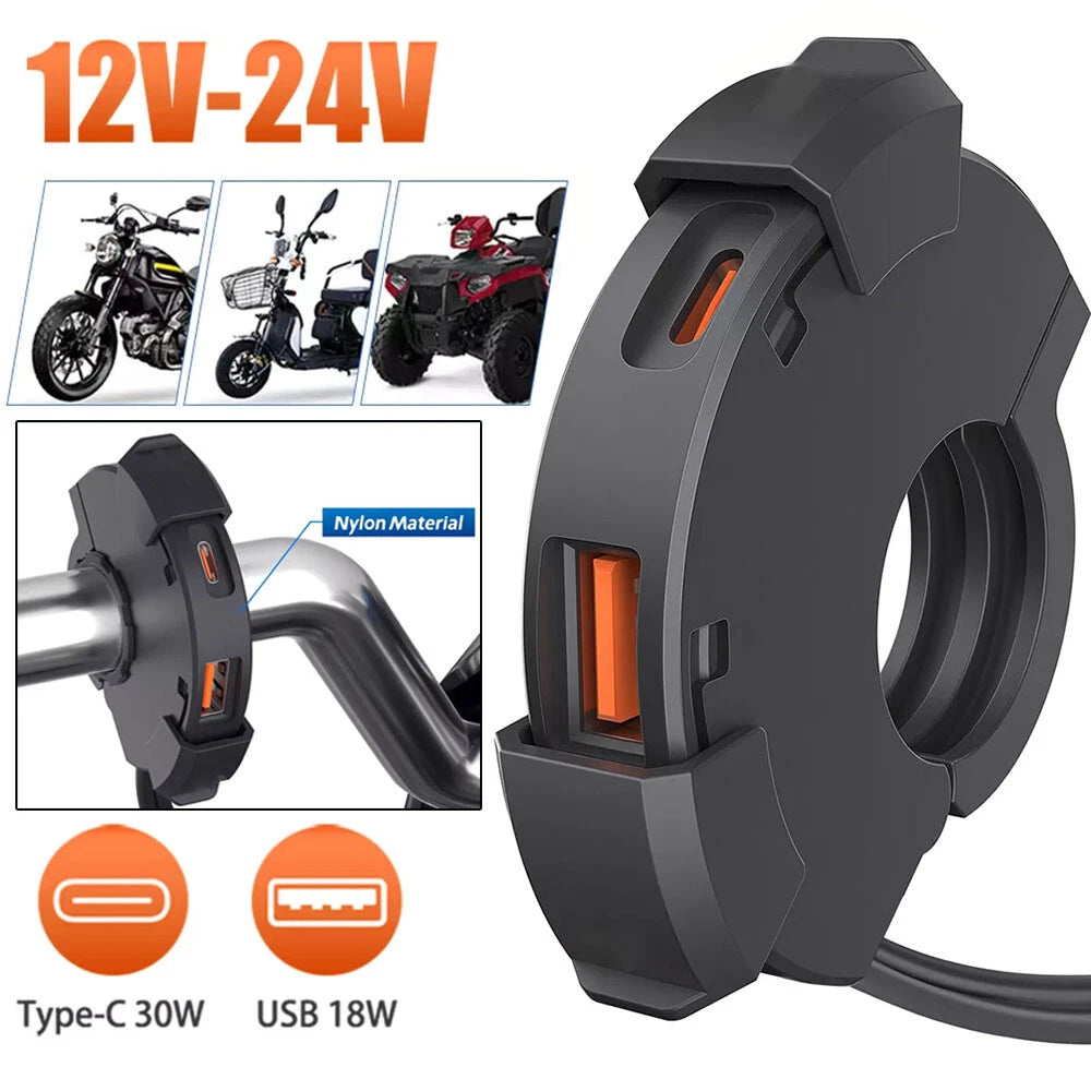 Motorcycle QC 3.0 Dual USB Type-C Fast Charger Adapter Handlebar for Phone GPS