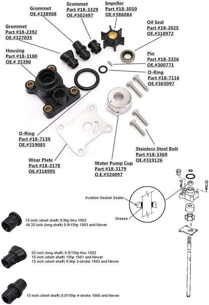 Water Pump Impeller Kit 394711 for Johnson Evinrude Outboard 9.9/15Hp (1974–Present)