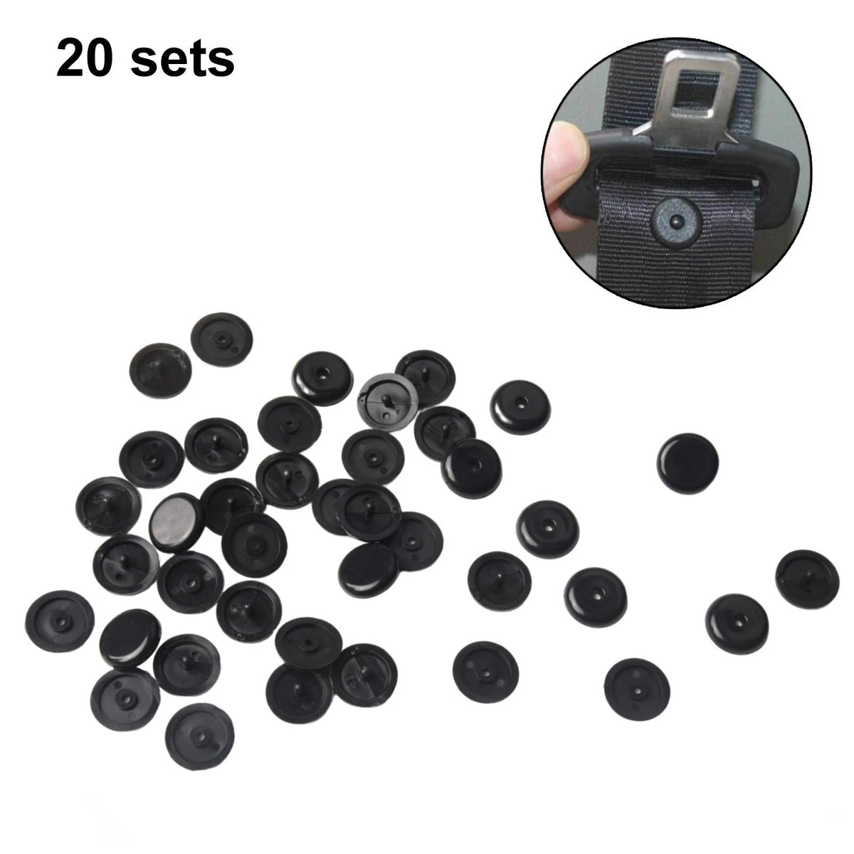 Set of 20 Seat Belt Button Buckle Stops for Universal Fit (Black)