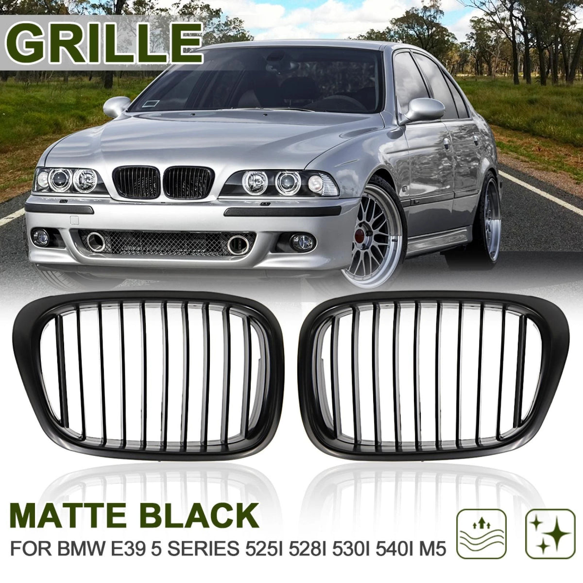 Front Upper Hood Kidney Grille Replacement Matte Black for BMW E39 (1997–2003)