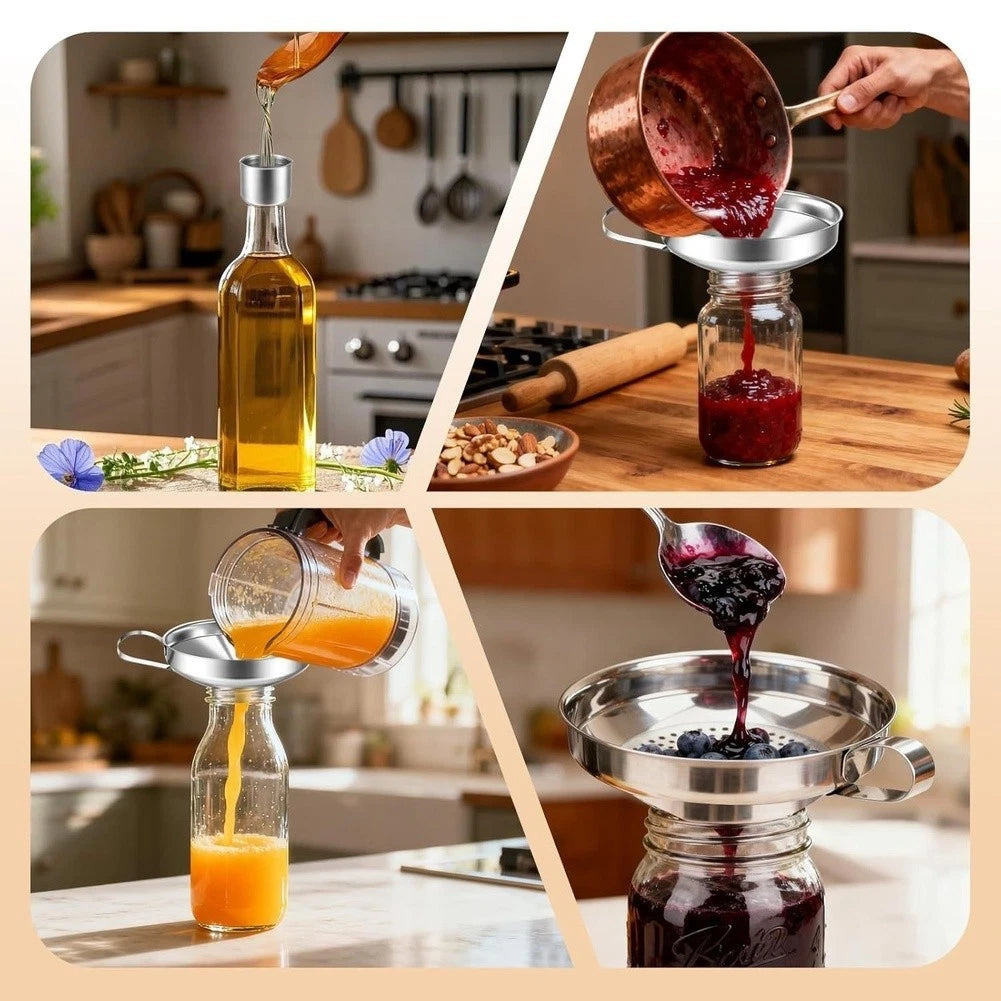 4 Piece Funnel Set for Kitchen Use with Wide Mouth and Strainer
