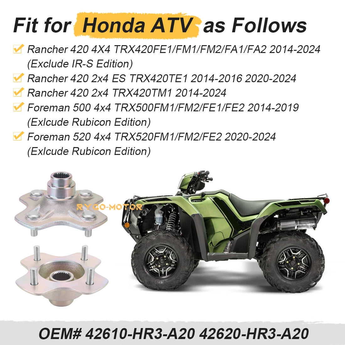 Set of 2 Rear Wheel Hubs for Honda Rancher 420 TRX420 (2014–2024) 42610-HR3-A20
