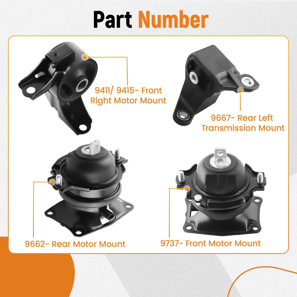 4X Engine & Trans Mount for Honda Odyssey 3.5L (2014–2017) A4555 A4587