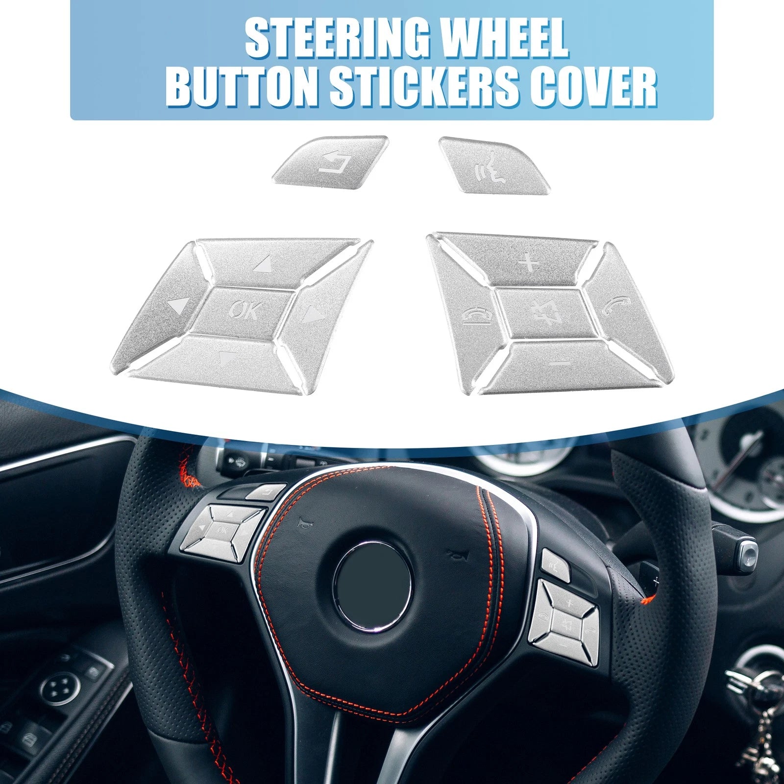 Steering Wheel Button Stickers Cover for Mercedes Benz Silver Tone Set