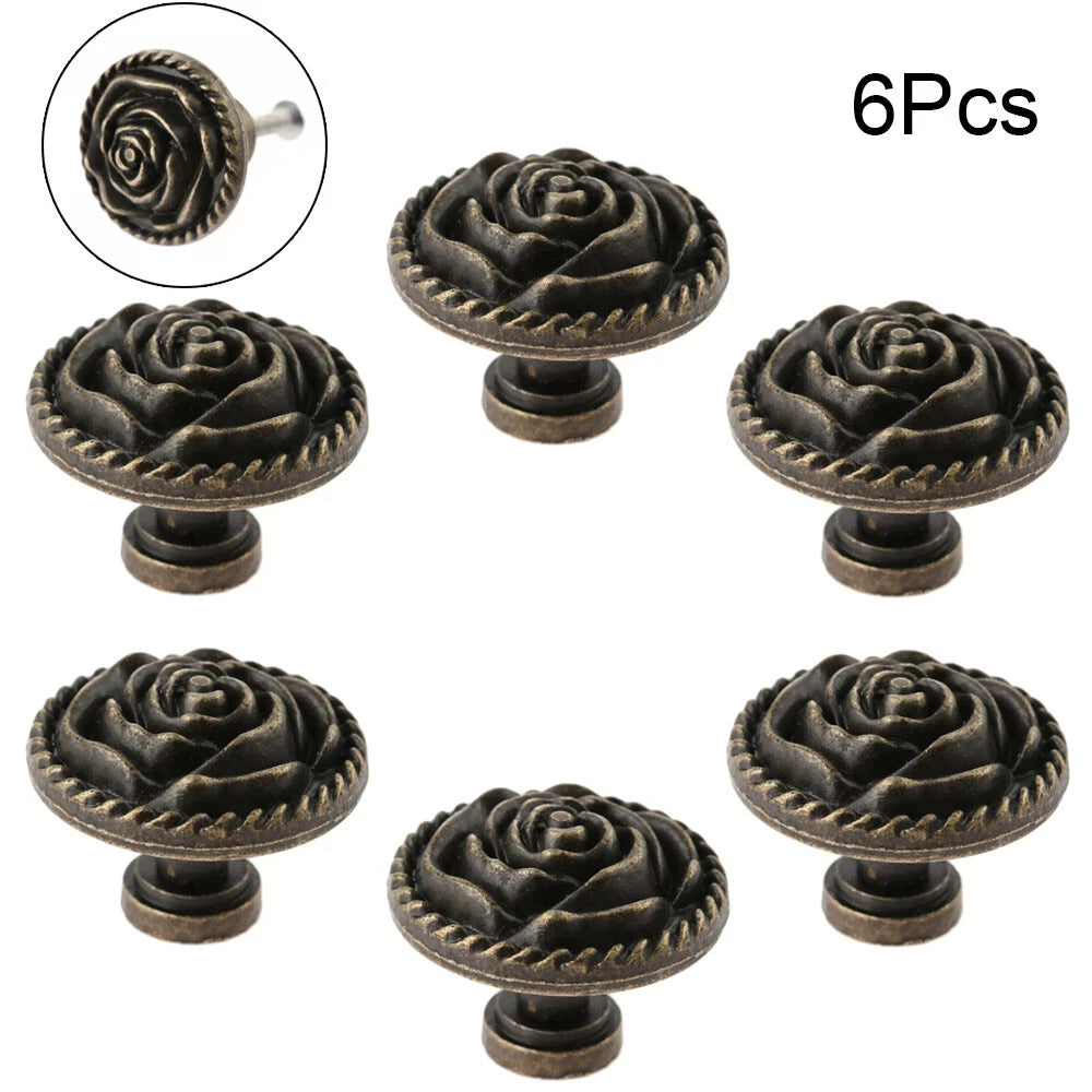 6X Antique Rose Flower Handle Knob for Dresser Drawer Cabinet Door