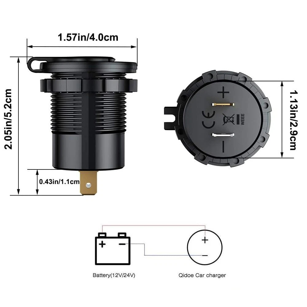 36W Dual USB Fast Charger Socket with LED Voltmeter ON/OFF Switch (12-24V)