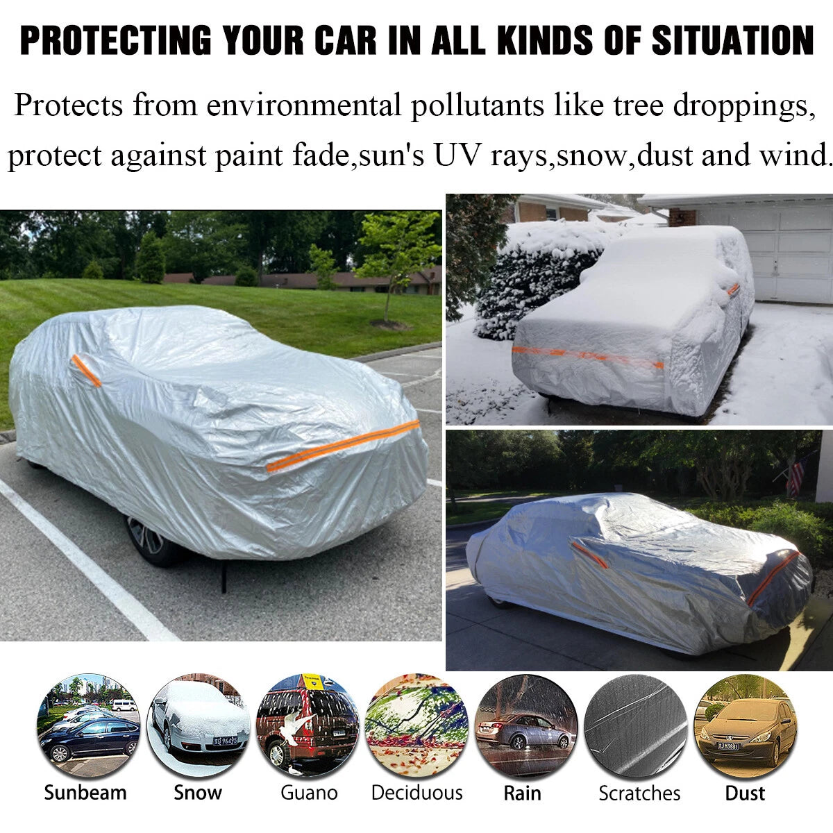 Silver Car Cover for Sedan (All Weather, Reflective Strips)