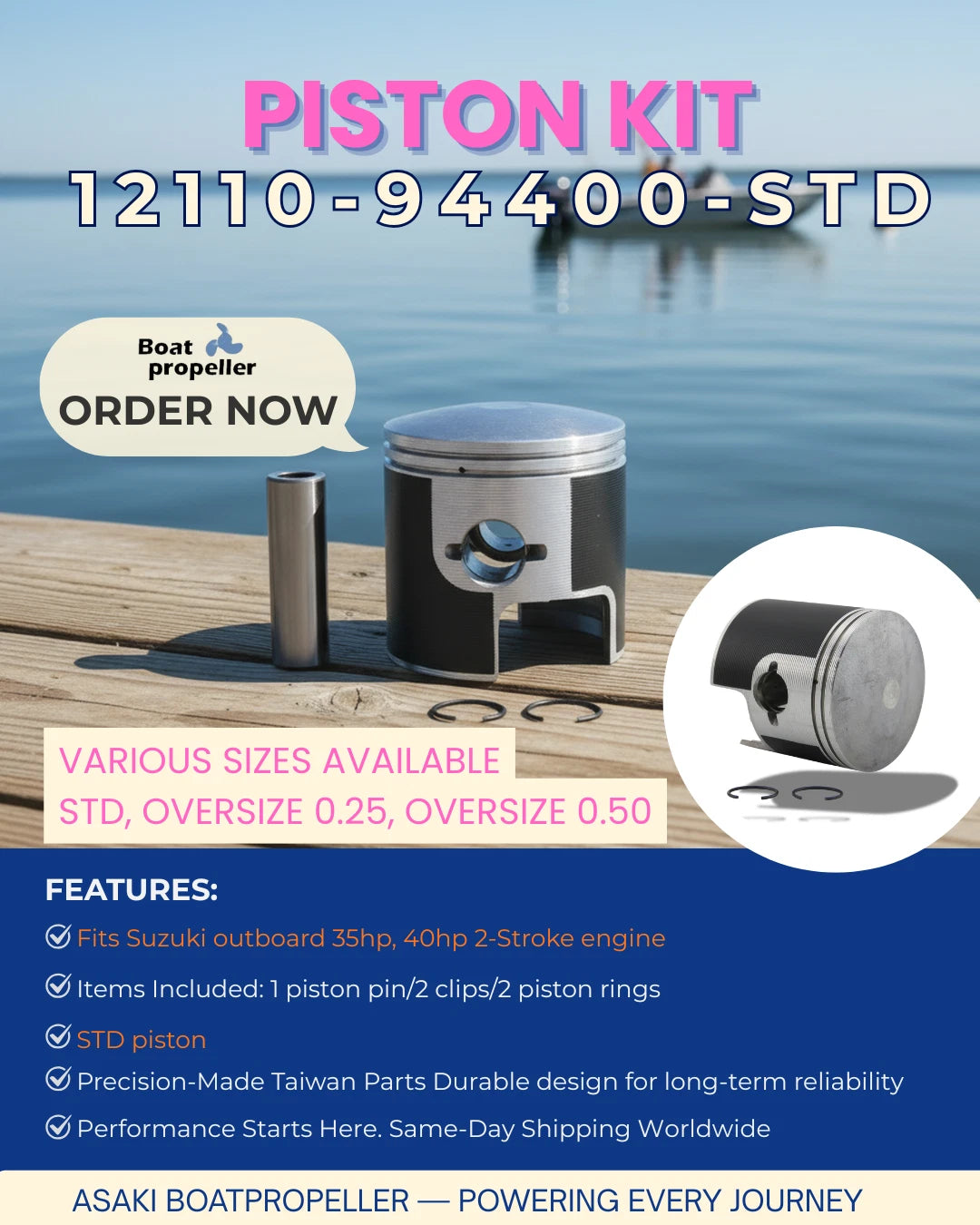 Piston Kit for Suzuki Outboard 35, 40 HP (12110-94400-STD)