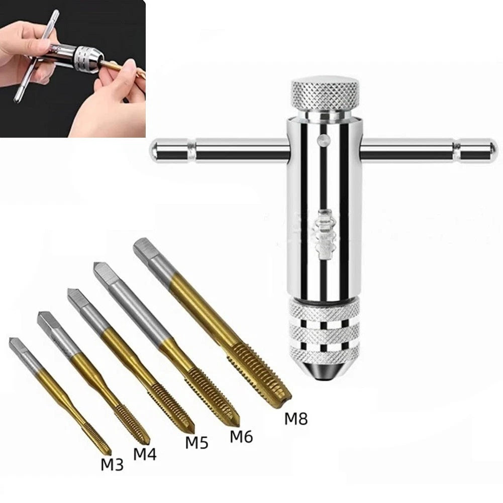 6pcs Adjustable T Handle Ratchet Tap Wrench Set for M3 to M8 Tap Sizes