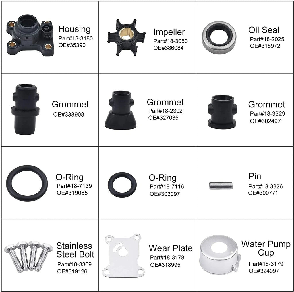 Water Pump & Impeller Repair Kit for Johnson/Evinrude/OMC (394711, 386697)