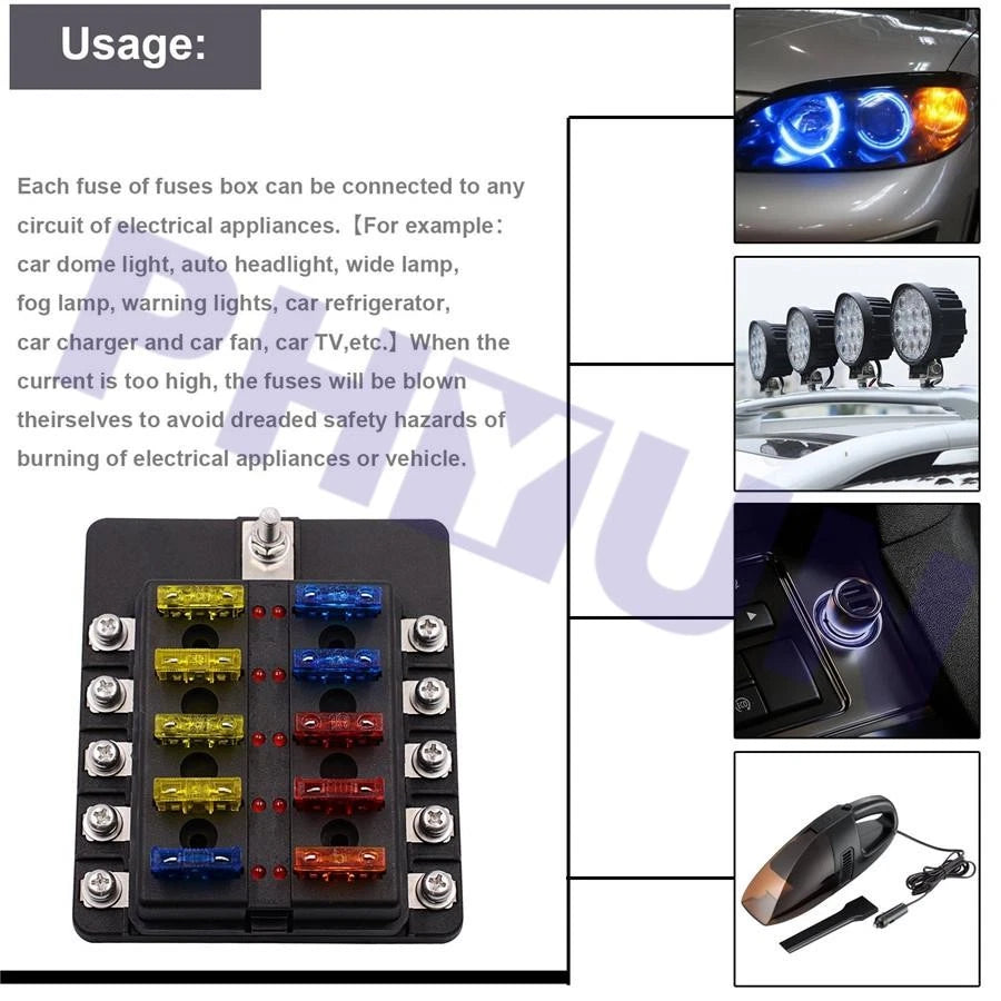 10-Way Fuse Box with LED Indicators for ATO/ATC (USA Stock)