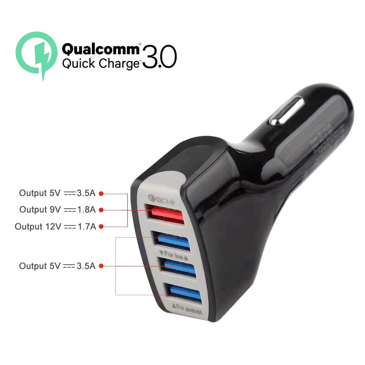 4-Port USB Car Charger for Universal Devices (DC 5V-7A, QC 3.0)