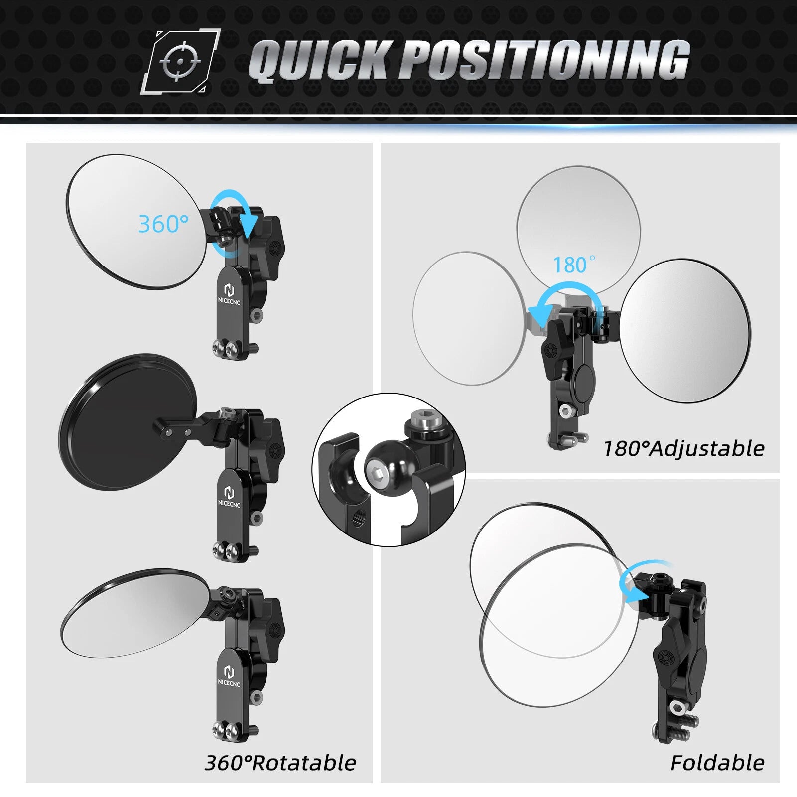 Foldable Round Quick Flip Mirrors Kit for Universal Motorcycle Hand Guard
