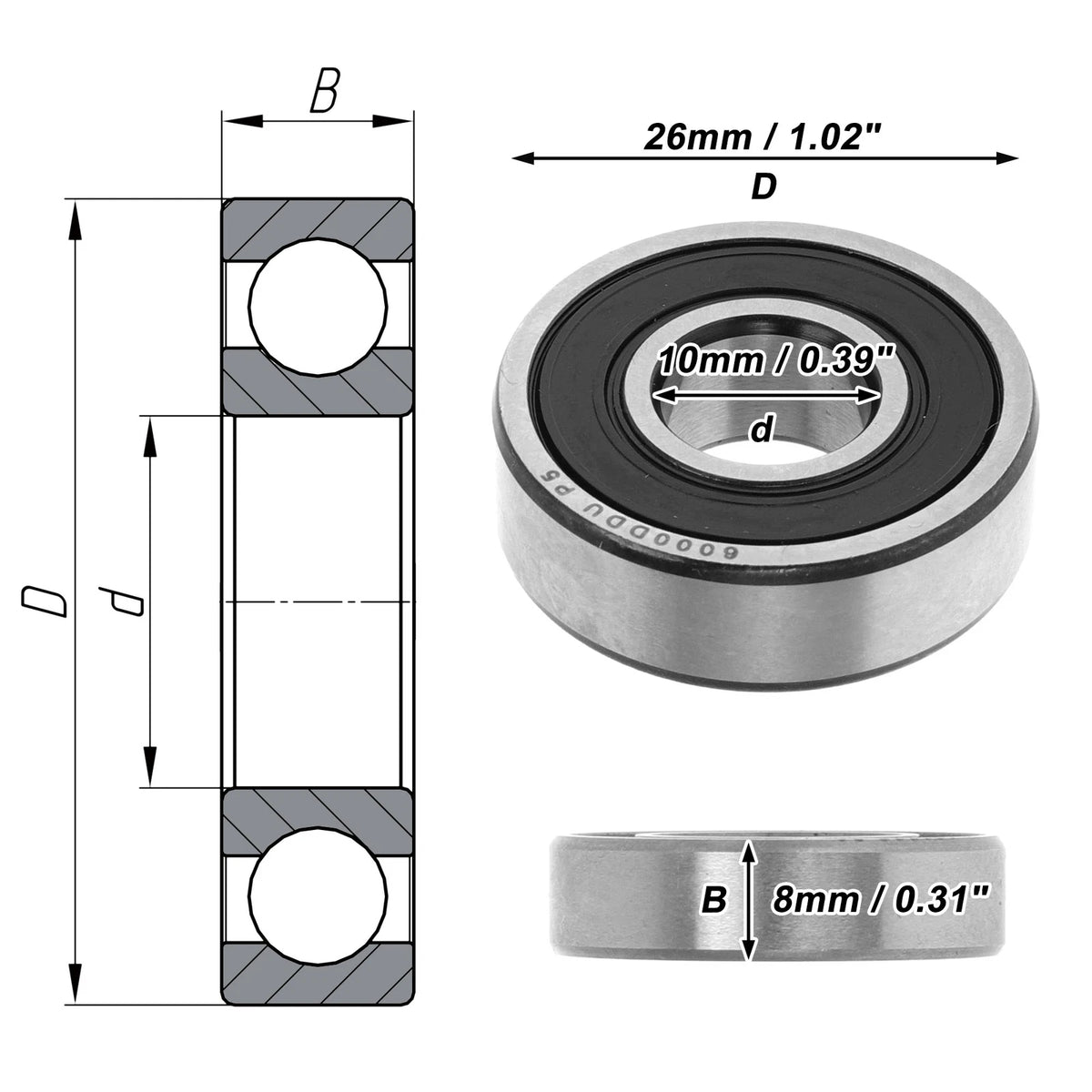 1 Pc 6000DDU Deep Groove Ball Bearing for Scooter Skateboard (10x26x8mm)