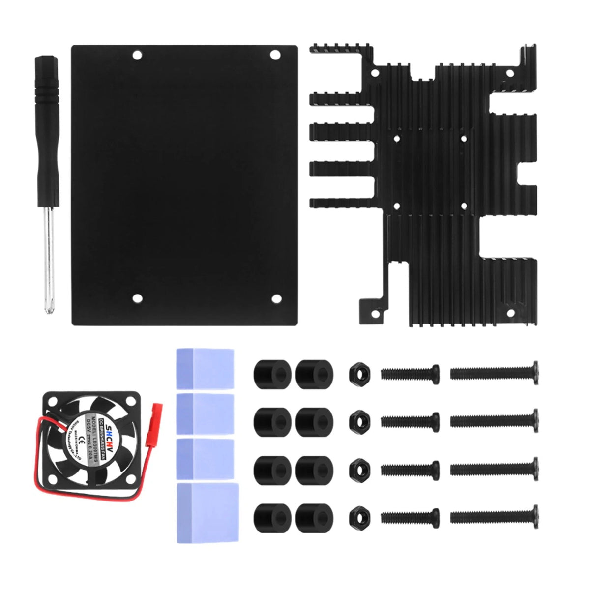 Cooling Fan Kit with Alloy Cover, Base, Silicone Heatsinks for Orange Pi 5 Plus