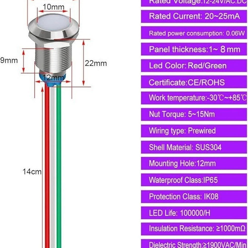 4PCS 12mm Dual-Color Red Green LED Indicator Light for Panel Mount (12V 24V)