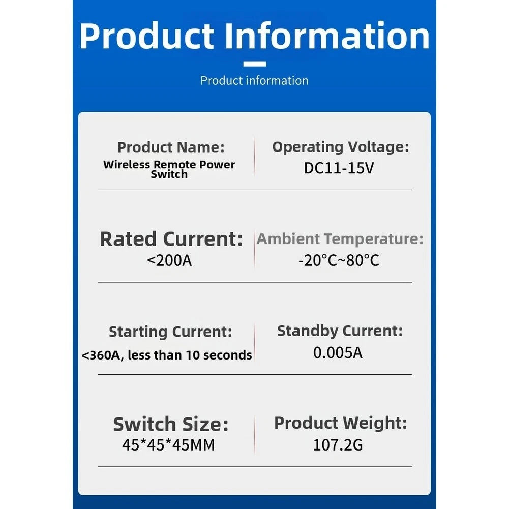 200A 12VDC Wireless Remote Switch for Car Power Protection