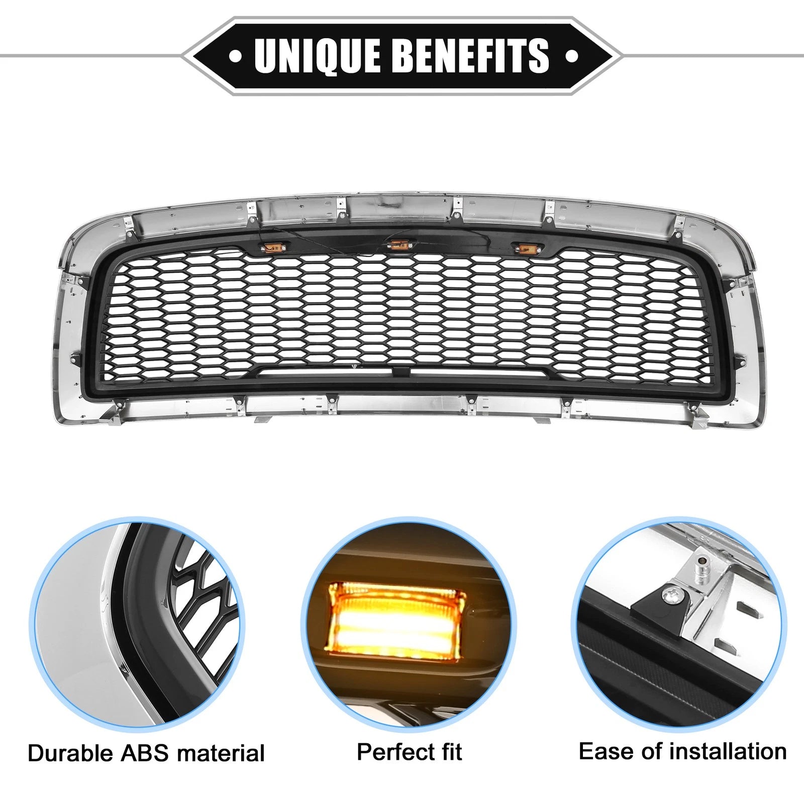 Front Grille Assembly Replacement for Dodge Chrome LED Lights (2015–2021)