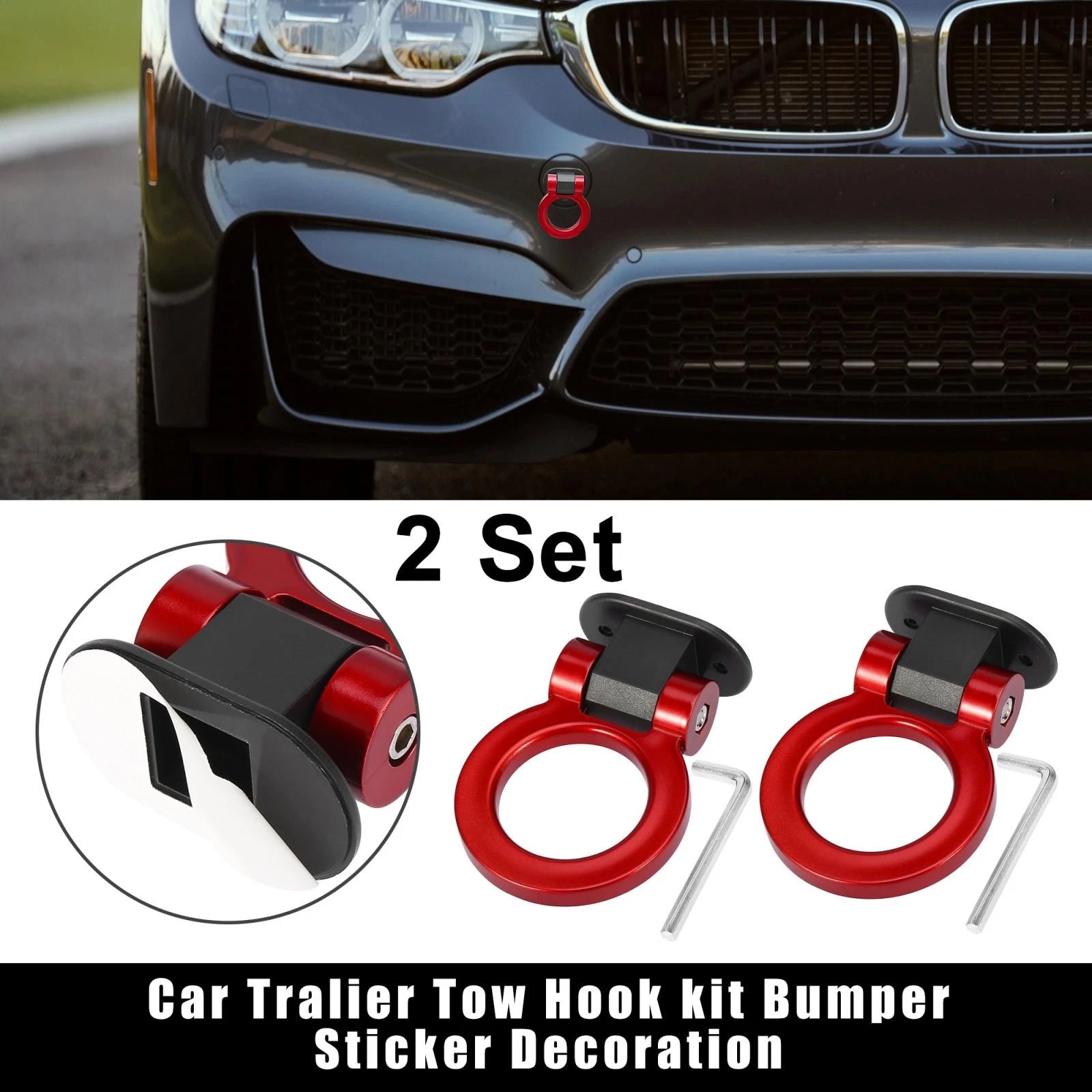2 Pc Universal Tow Hook Red Ring Bumper Trailer Decor for Car SUV