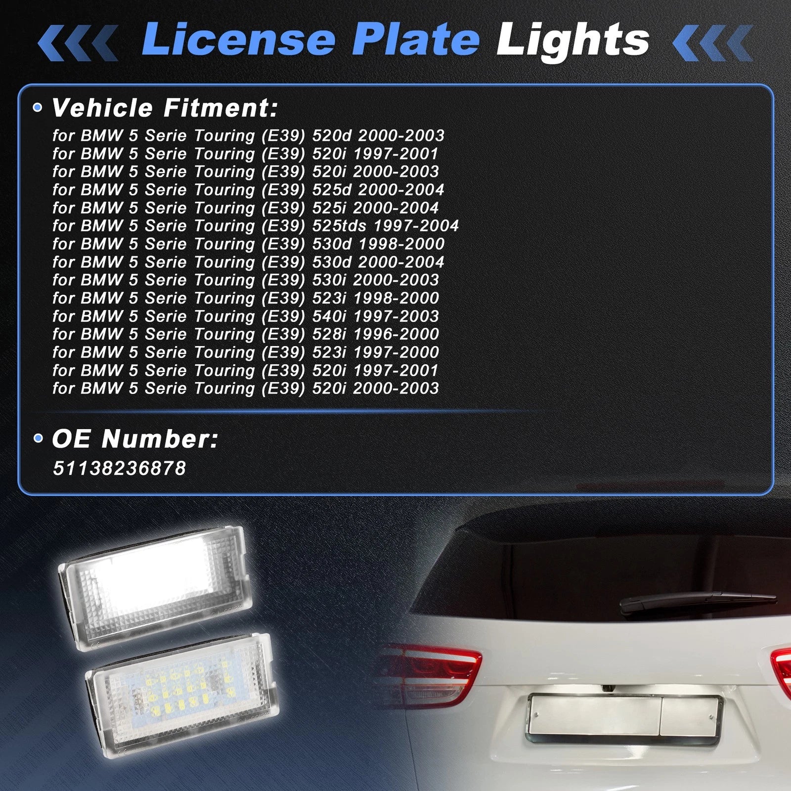 LED License Plate Light Replacement for BMW 5 Series Touring (E39 2000–2003)