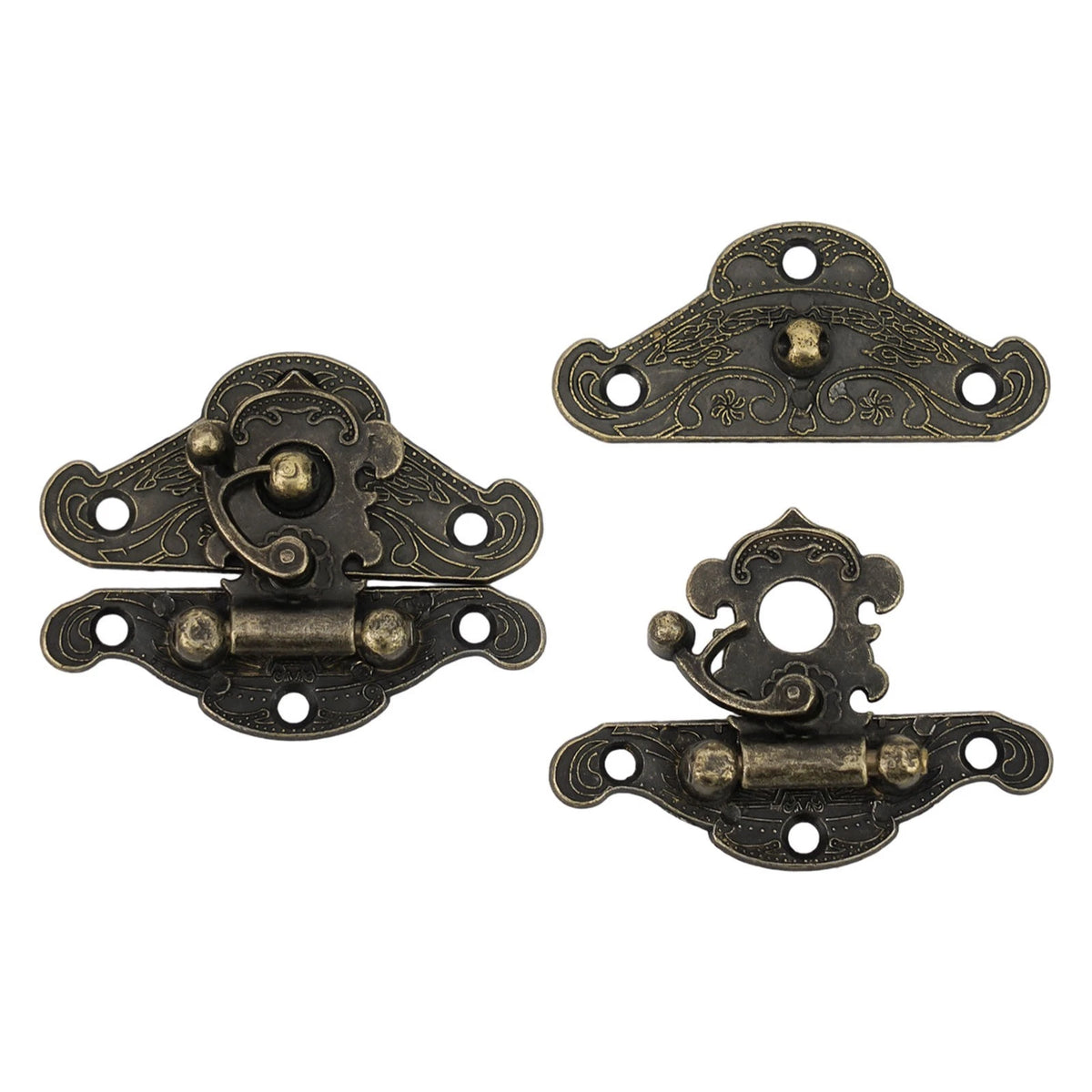 Set of 4 Retro Bronze Cabinet Hinges and Latches for Tool Boxes and Cupboards