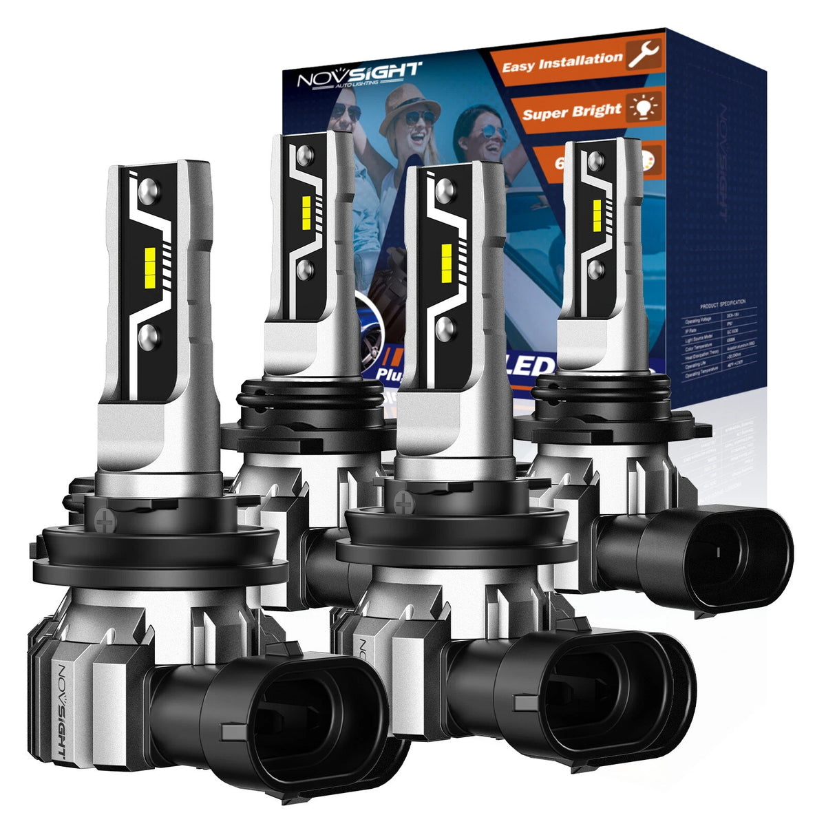 Set of 4 NOVSIGHT 9005 + 9006 LED Headlight Bulbs 6500K 10000LM