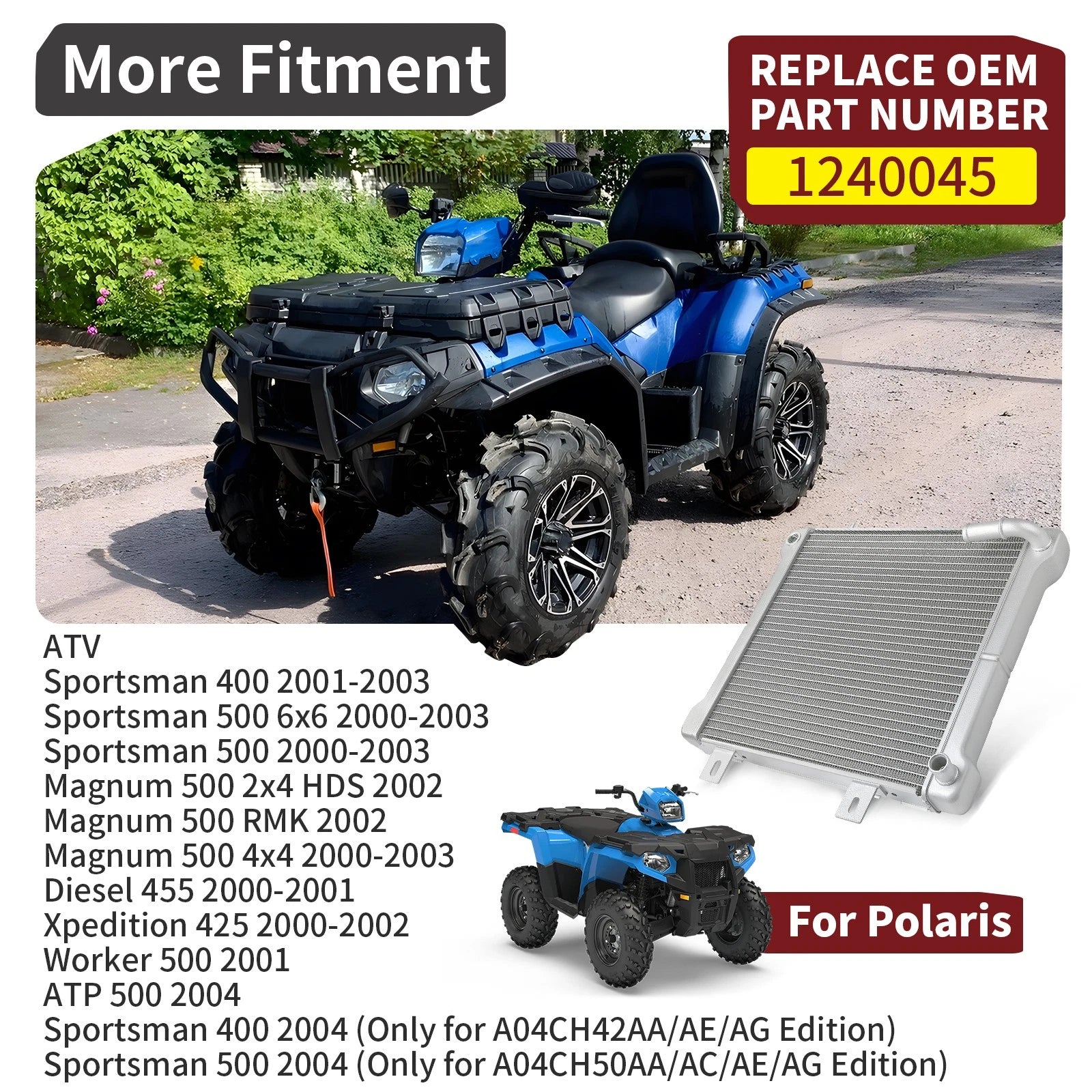 Radiator #1240045 for Polaris Worker 500 ATP 500 Magnum 500 Sportsman 400 500 (2000–2023)