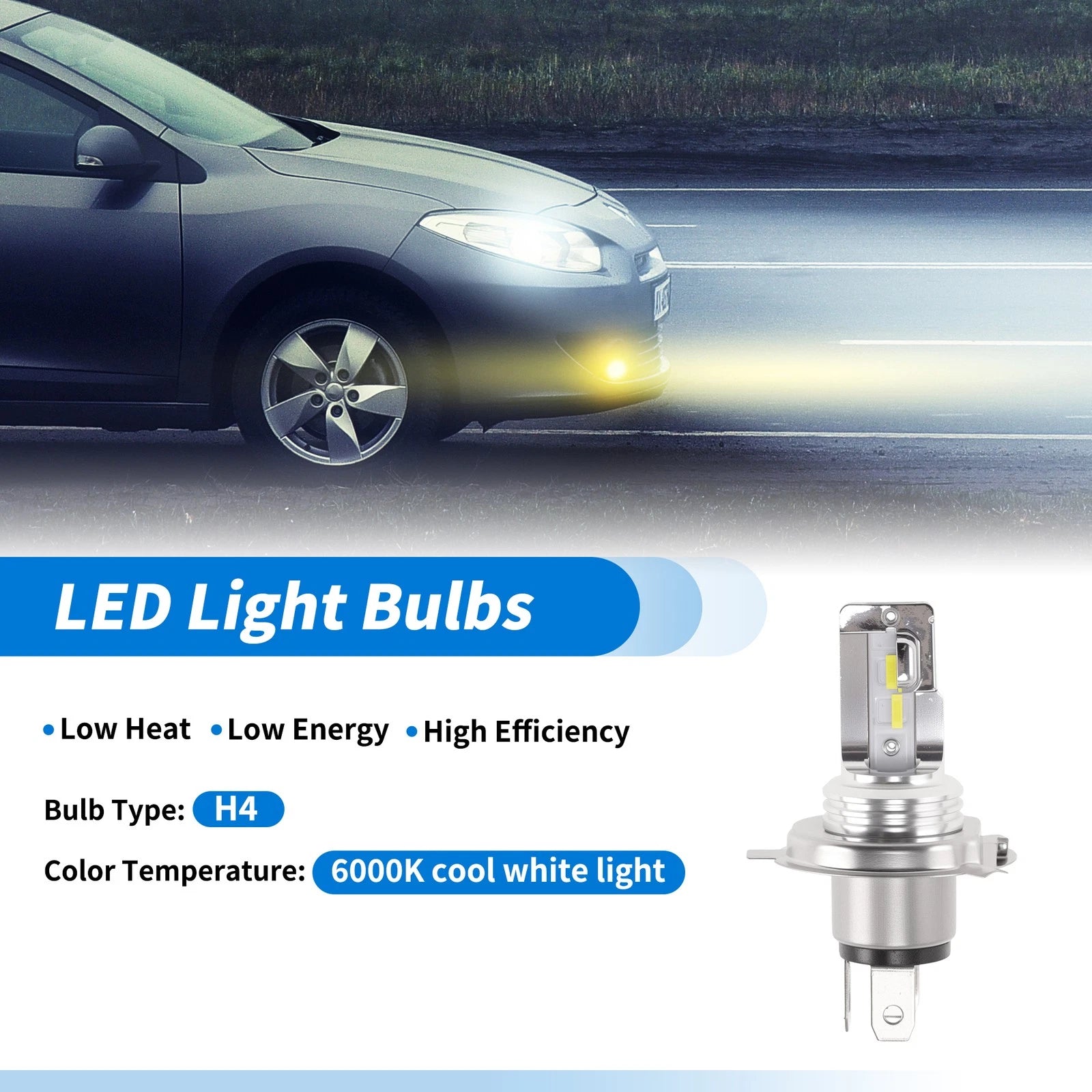 H4 LED Light Bulbs for Auto (6000K Cold White)